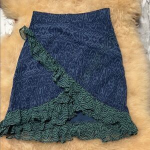 Free People Around the World Elegant Blue and Green Patterned Faux Wrap Skirt